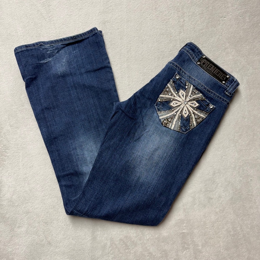 Premiere by rue21 Womens Flare Jeans Blue Medium Wash Rhinestone 7/8R